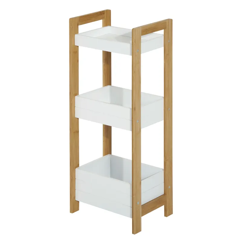 HOMCOM Dulapior Compact Baie, Raft Multifuncțional cu 3 Etajere, din MDF și Bambus, 27.5x20.8x74 cm, Alb | Romania