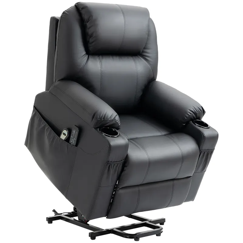 HOMCOM Scaun cu Ridicare Electrică, Masaj, Telecomandă și Buzunare Laterale pentru Vârstnici, din Piele PU, 88x92x106 cm, Negru | Romania