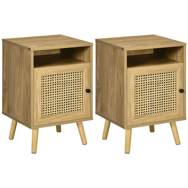 HOMCOM Set 2 Noptiere Moderne cu Dulap și Raft Deschis PAL Ratan MDF pentru Dormitor și Living 39x35x60 cm | Romania