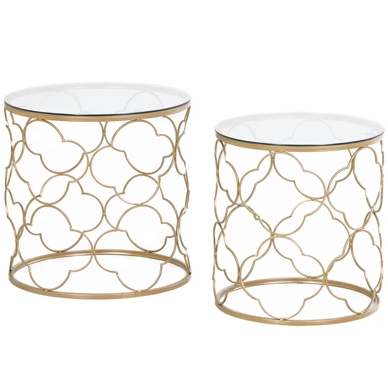 HOMCOM Set de 2 Masute pentru Salon care se pot Stivui Art Deco, Masute de Cafea din Metal cu Blat din Sticla Securizata, Auriu | Romania