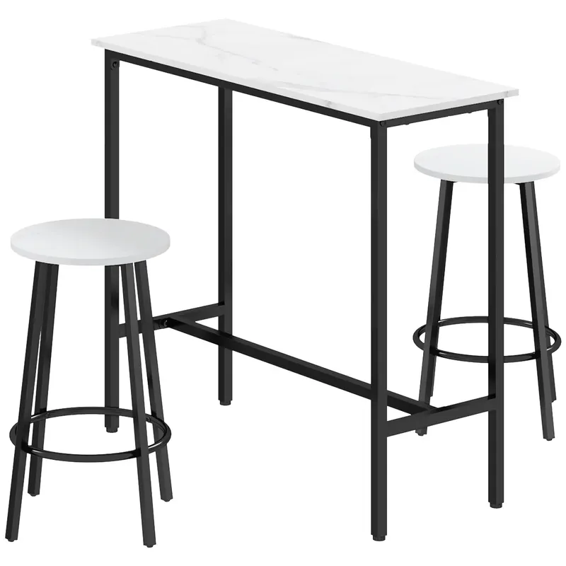 HOMCOM Set Masă și 2 Scaune de Bar din PAL, MDF și Oțel, 100x40x90 cm, Alb și Negru | Romania