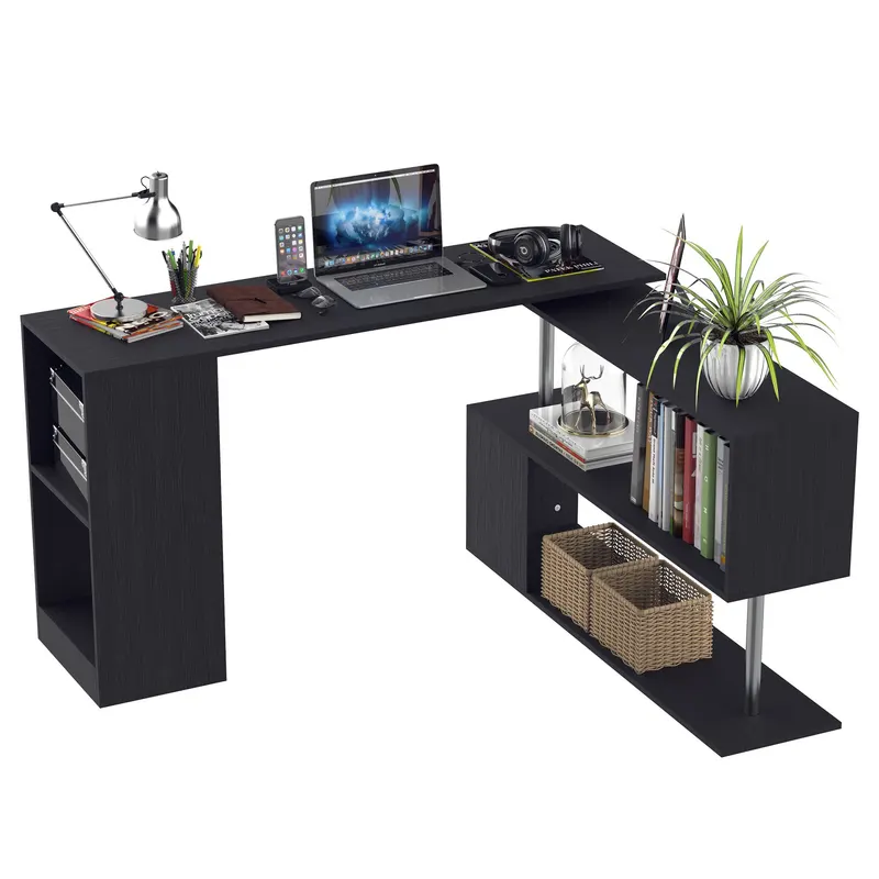 HOMCOM Birou Modern cu Rafturi Rotative 360°, Design L, Negru, PAL, 140x120x78.2cm | Romania