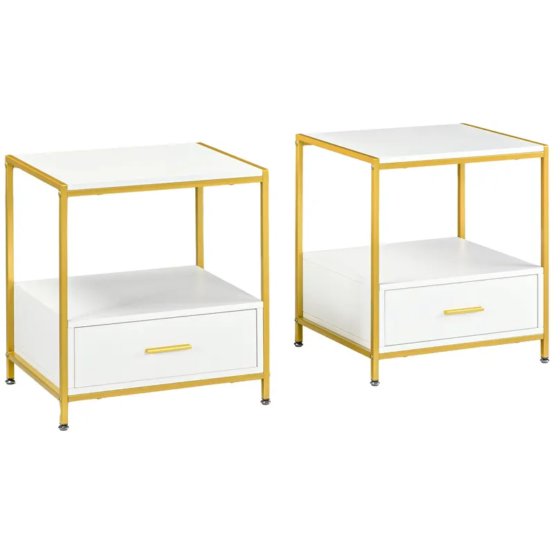 Set de 2 Masute Noptiere Moderne, Noptiere cu Sertar si Raft, Organizatoare de Depozitare, Alb si Auriu 50x40x55cm HOMCOM | Romania