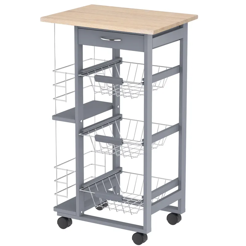 HOMCOM Carucior Bucatarie Multifunctional cu 3 Sertare Detasabile 2 Suporturi Sticle Lemn de Pin Metal 47x37x83cm Stejar Gri | Romania