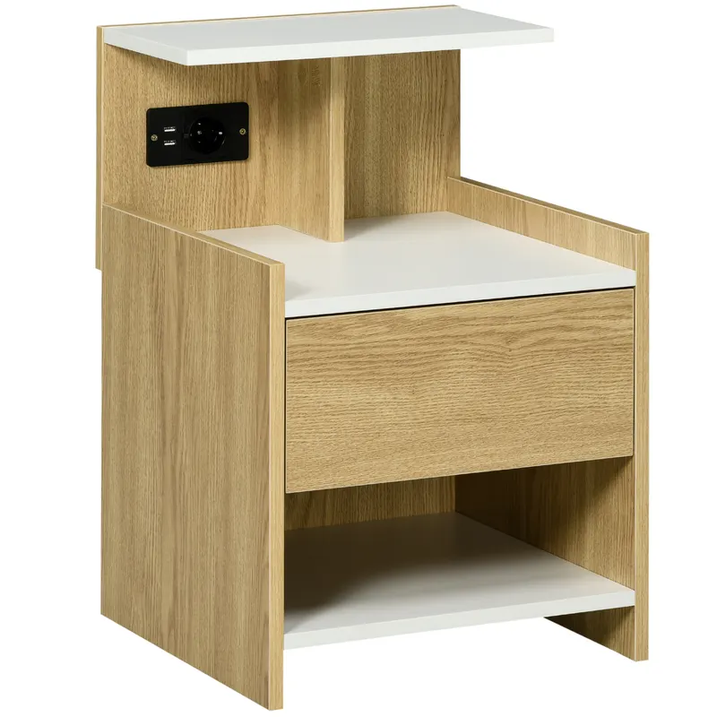 HOMCOM Noptieră Modernă cu Prize USB și Sertar, 40x40x60cm, Lemn Natural | Romania