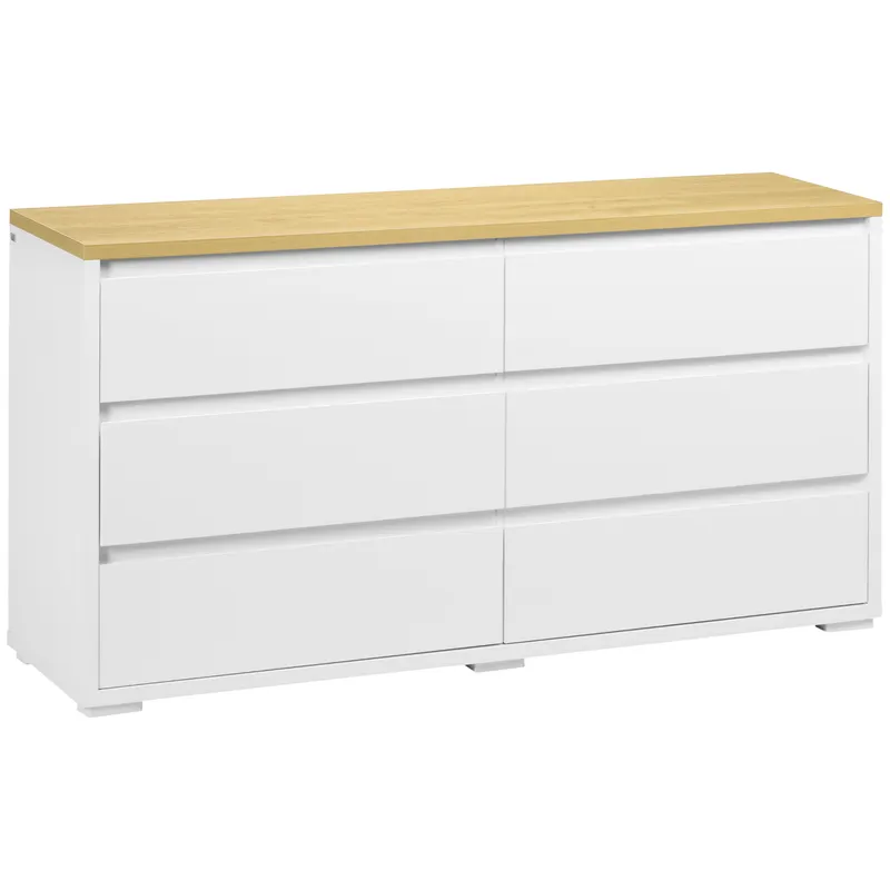 HOMCOM Comodă Depozitare, 6 Sertare, Mobilier Dormitor/Cameră de Zi, Alb/Lemn Natural | Romania