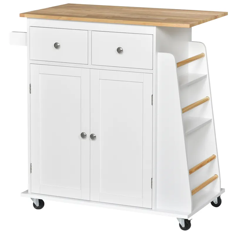 HOMCOM Cărucior Bucătărie cu 3 Niveluri, 2 Sertare Culisante, 4 Roți, Raft Reglabil, Design Modern, Alb și Lemn Natural, 89x45x89cm | Romania