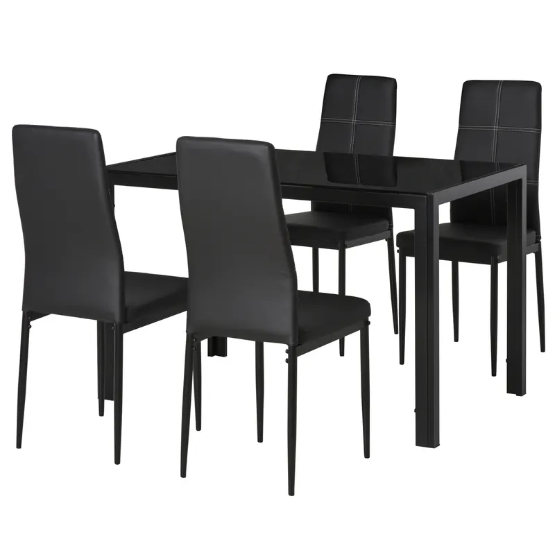 Homcom Set Masa de Luat Masa cu 4 Scaune Tapitate, Design Modern pentru Sala de Mese, Metal Sticlă PU, Negru | Romania