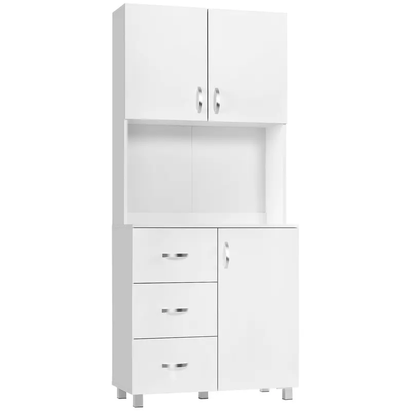 HOMCOM Bufet Modern din Lemn Alb cu 2 Dulapioare, Polite Reglabile, 1 Raft Deschis si 3 Sertare, 80x39,5x183,5cm | Romania