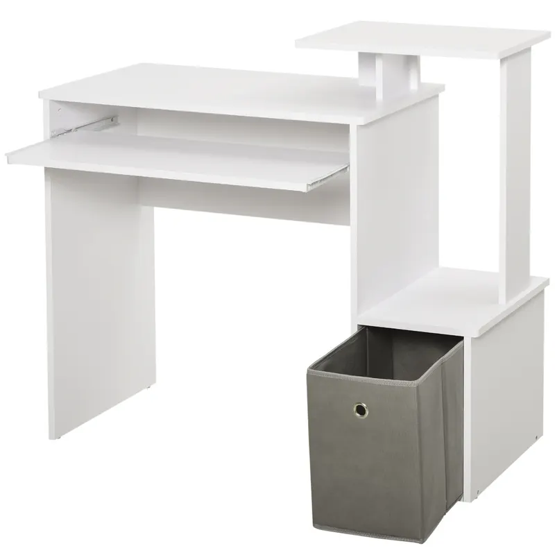 HOMCOM Birou Modern pentru PC cu Etajeră, Suport pentru Tastatură, Blat şi Sertar din Ţesătură, 100x40x86.6 cm, Alb | Romania