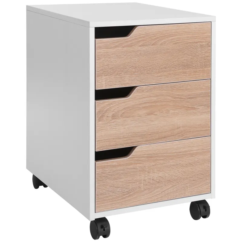 Comoda din MDF cu 3 Sertare si 4 roti cu rotatie de 360 ° (2 cu frane), pentru Birou sau Studio Alba si Lemn 31x37x7.2cm HOMCOM | Romania
