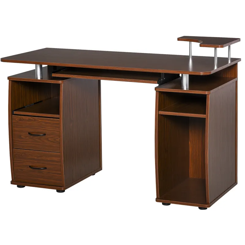 HOMCOM Masă de Birou Modernă cu Suport pentru Computer, Sertare, Poliță Extensibilă și Suport pentru Tastatură, 120x55x85 cm, Maro | Romania