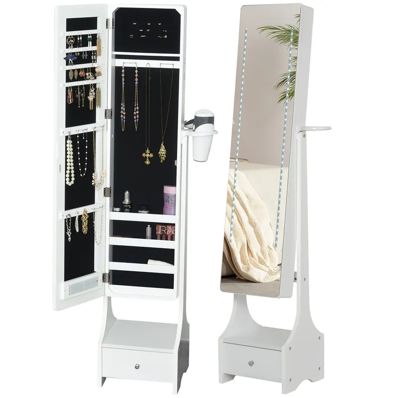 HOMCOM Dulap pentru Bijuterii Reglabil cu Oglindă și Lumini LED, Spațiu Amplu de Depozitare, Design Elegant | Romania