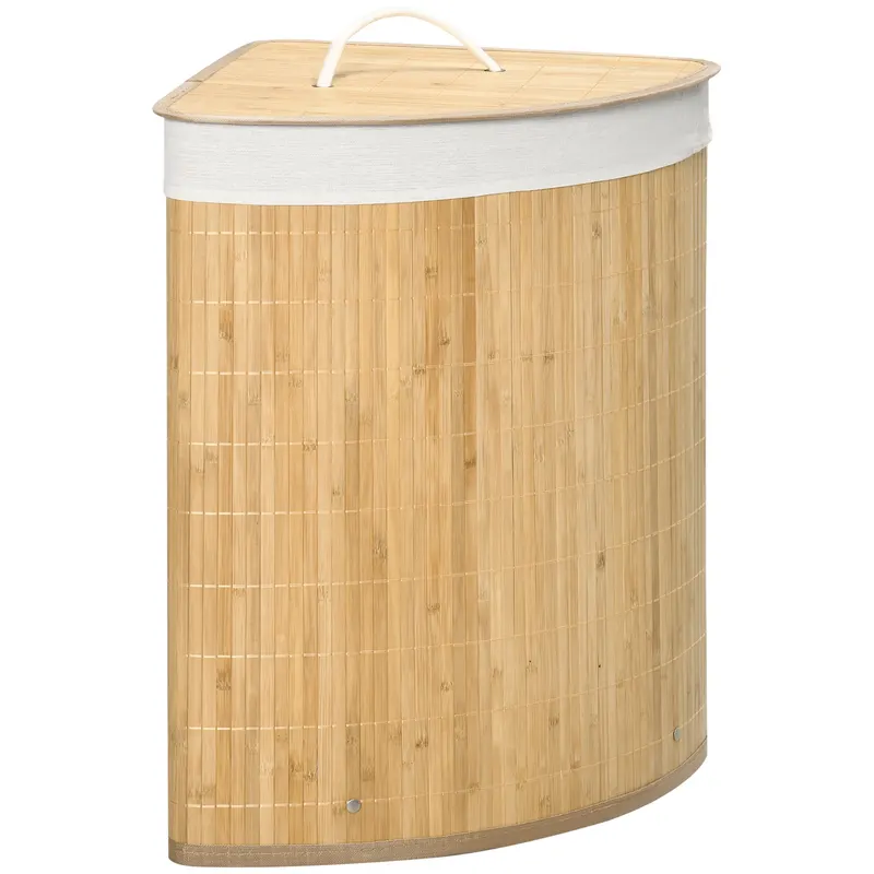 HOMCOM Coș de Rufe din Bambus cu Capac, Design Triunghiular Economisitor de Spațiu, 38x38x57 cm, Culoare Lemn | Romania