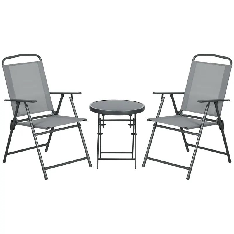 Outsunny Set de Exterior din 3 Piese cu Masă cu Blat din Sticlă și 2 Scaune Pliabile din Plasă, Ф45x50 cm, Gri Deschis | Romania