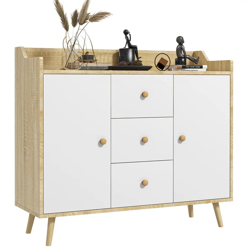 HOMCOM Comodă cu 3 Sertare și 2 Dulapuri cu Rafturi, Bufet Modern din PAL și Lemn de Pin, 90x32x80 cm, Alb | Romania