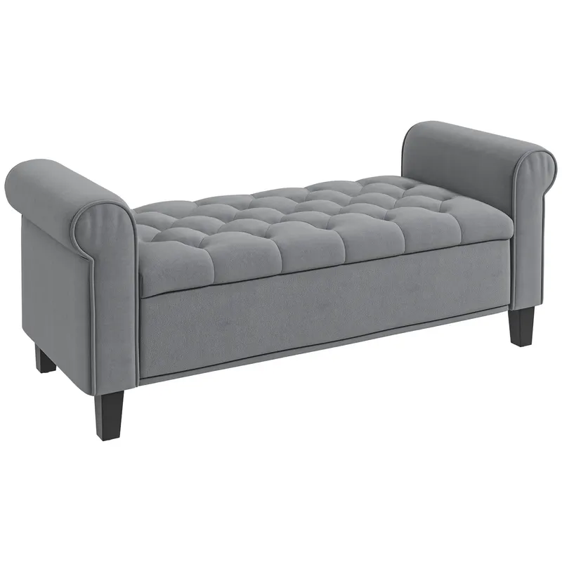 HOMCOM Bancuta Hol Banca Pat Matrimonial cu Depozitare si Cotiere Rulate, 126x48.5x57 cm, Banca Pat Gri | Romania