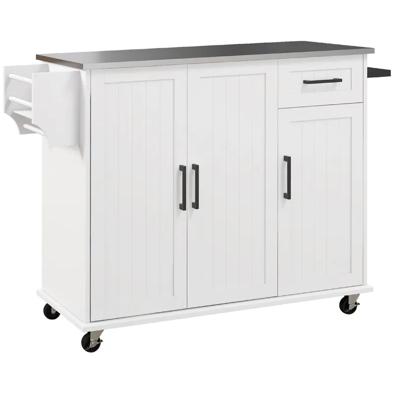 HOMCOM Insulă de Bucătărie Rulantă cu Depozitare, Sertar, 3 Dulapuri, Blat din Oțel Inoxidabil, Design Versatil, Alb | Romania