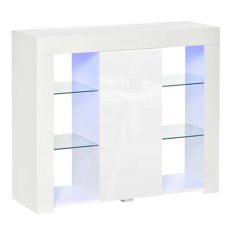 HOMCOM Bufet Modern cu Usa si Lumini LED cu Finisaj Lucios si Rafturi din Sticla, Dulap Mutifunctional 97x35x83cm, Alb Modern | Romania