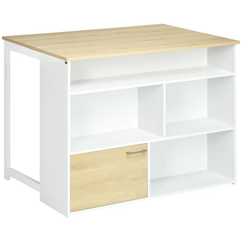 HOMCOM Masă de Bar Extensibilă Modernă din MDF, 4 Rafturi, Dulapior, Picioare Antiderapante, 116x79.5x91cm, Alb/Lemn | Romania