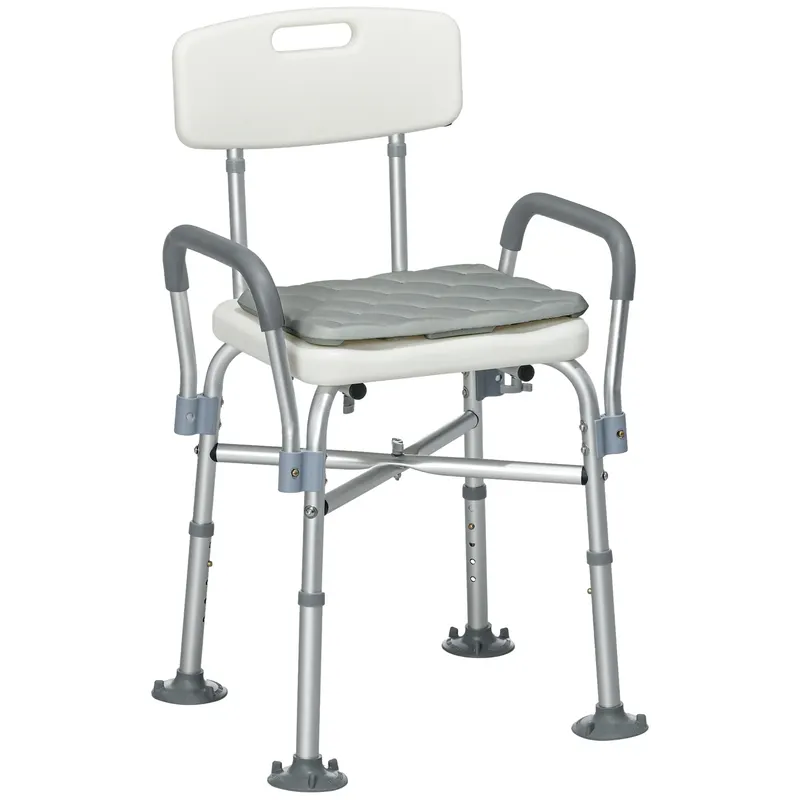 HOMCOM Scaun de Baie din Aluminiu Reglabil, cu Spătar și Brațe, Pernă Moale, Antialunecare, Alb | Romania