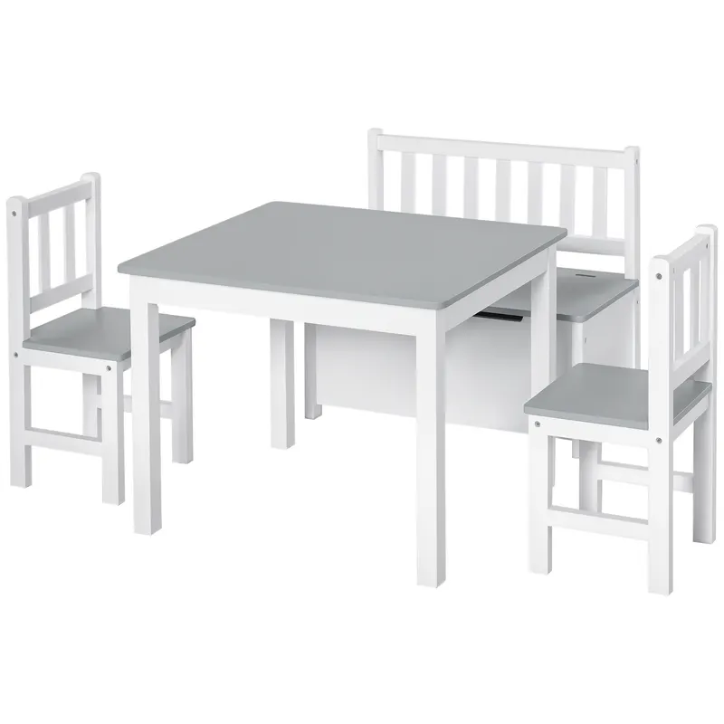 HOMCOM Set Mobilier pentru Copii 4 Piese, Masă, 2 Scaune, Bancă Depozitare, Lemn Multifuncțional, Alb și Gri | Romania