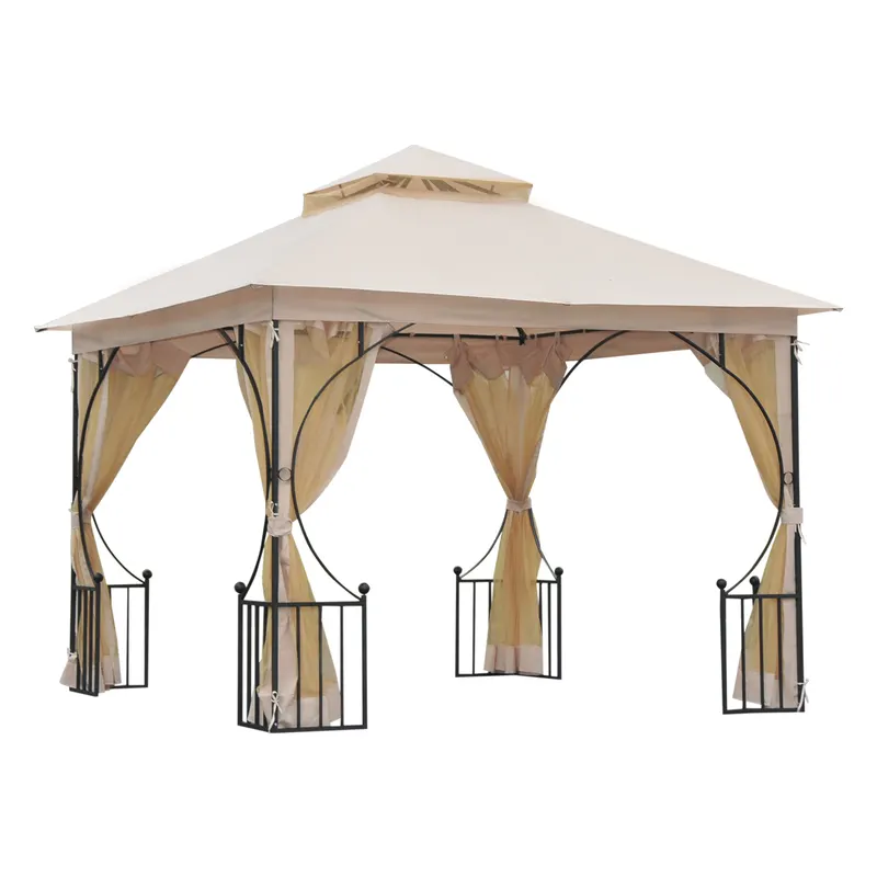 Outsunny Gazebo de Grădină cu Acoperiș Dublu, Foișor de Grădină cu Plasă și Baldachin, 300×300 cm, Bej | Romania