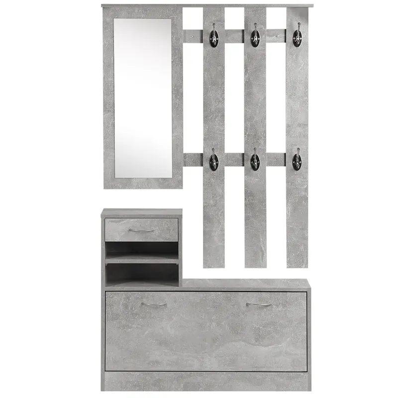 Mobile Garderoba pentru Intrare si Dormitor, cu Cuier cu 6 Carlige, Pantofar Reglabil si Oglinda, Gri ciment, 90x22x116 cm Gri ciment | Romania