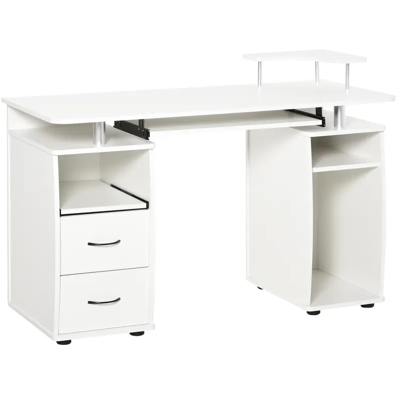 HOMCOM Birou PC din PAL și Oțel Alb cu Tastatură și Raft Monitor, Spațiu Generos de Lucru, 2 Sertare, Design Modern, 120x55x85 cm | Romania