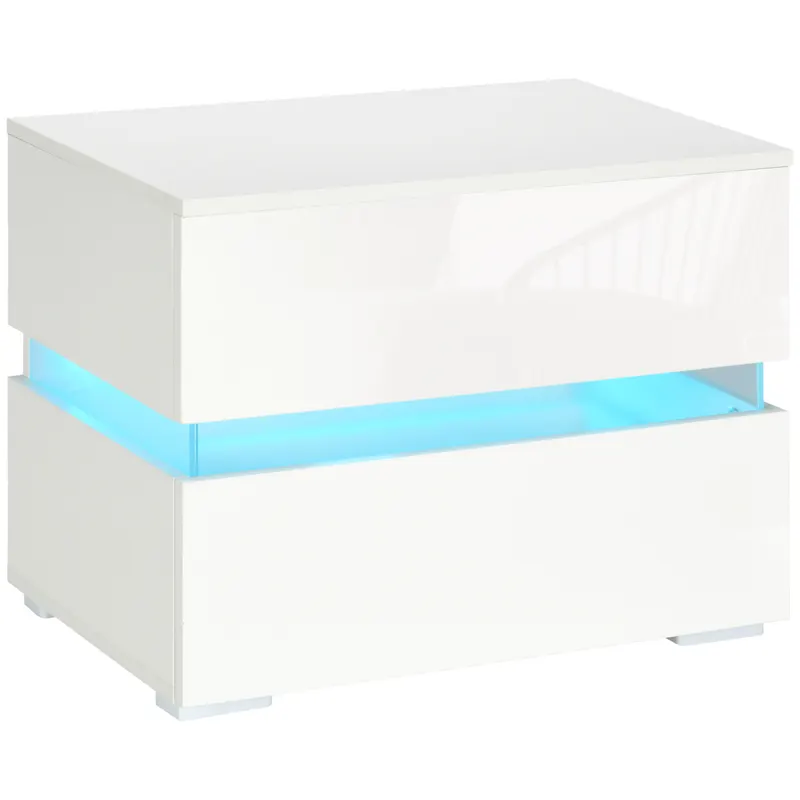 Noptieră cu LED HOMCOM | 2 Sertare cu Luciu | LED-uri RGB cu 16 Culori și 4 Moduri | Telecomandă | Alb | Romania