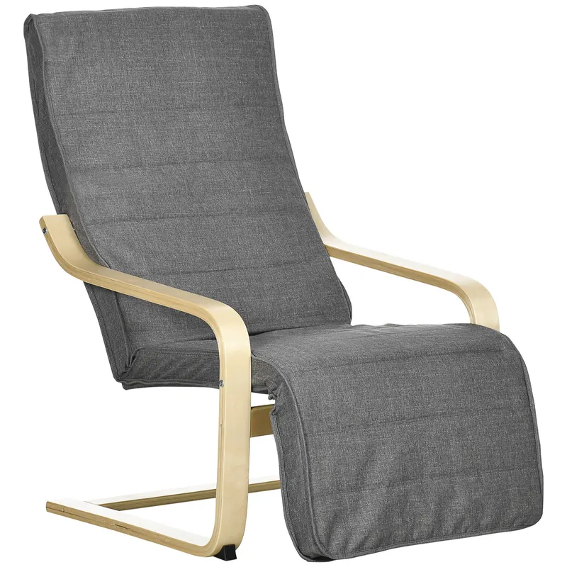 HOMCOM Fotoliu Relax cu Suport picioare pe 5 Niveluri si Tetiera, Fotoliu Ergonomic din Lemn de Mesteacan si Tesut, Gri