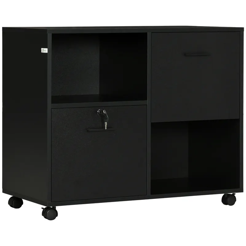 Vinsetto Dulap Mobil de Birou cu 2 Sertare pentru Dosare Rafturi Deschise PAL Manere Oțel Roti Blocare 80x40x66cm Negru | Romania