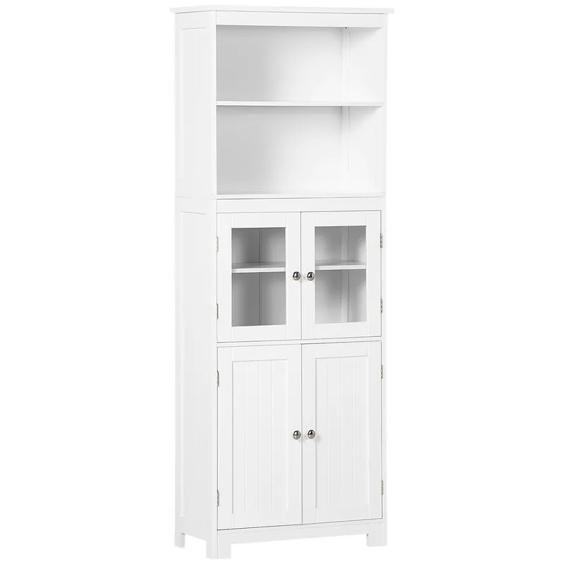 HOMCOM Dulap Camara Bucătărie, 2 Rafturi Deschise, 2 Dulapuri cu Uși, MDF și Sticlă Securizată, 60x30x162 cm, Alb | Romania