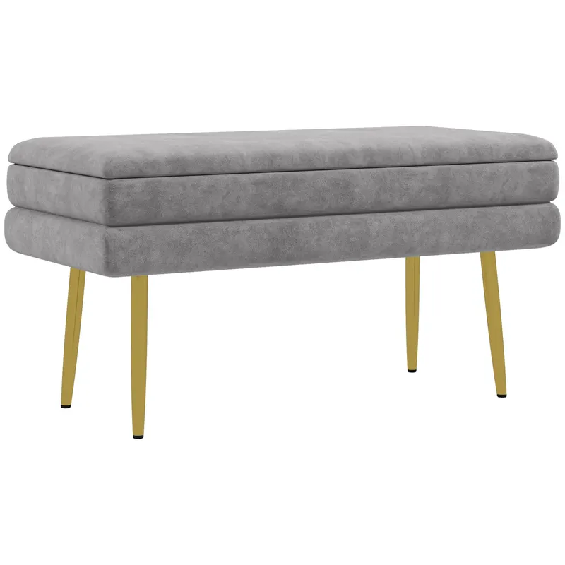 HOMCOM Bancă Otomană Tapițată, Picioare Aurii, Design Modern pentru Living și Dormitor, Gri | Romania