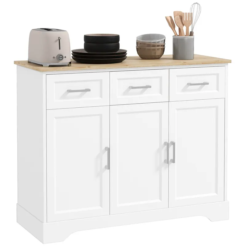 HOMCOM Bufet Modern din MDF și PAL cu Raft Reglabil, Dulap Multifuncțional cu 3 Sertare și 3 Uși, 101x39x82 cm, Alb | Romania