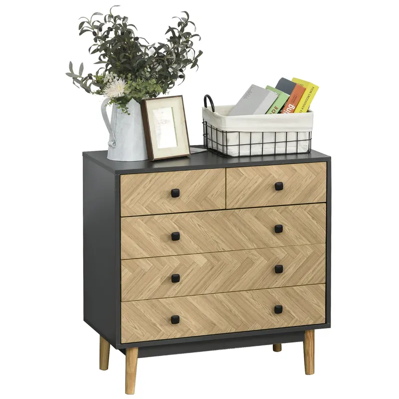 HOMCOM Noptieră Modernă din Lemn cu 5 Sertare și Picioare Ridicate din Pin, Design Elegant, Gri Închis, 80x40x80cm | Romania