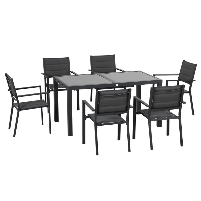 Outsunny Set de 7 Piese de Grădină din Aluminiu cu Masă Extensibilă și 6 Scaune cu Șezut din Plasă Respirabilă, 210x90x75 cm, Gri | Romania