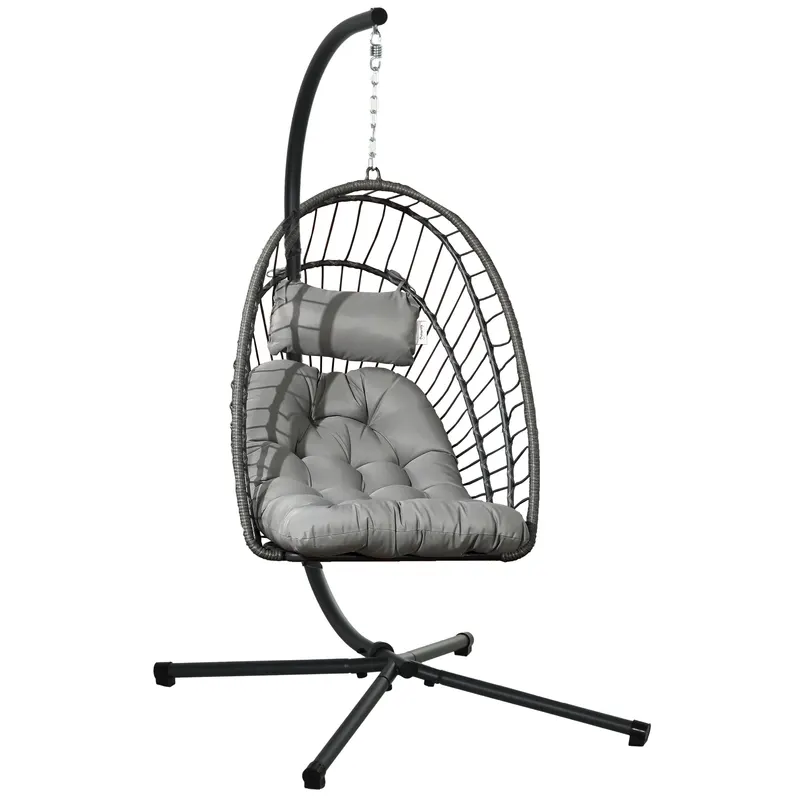 Outsunny Scaun Balansoar pentru Exterior cu Pernă Căptușită, Scaun Suspendat cu Coș Pliabil și Suport Metalic, 100x131x194 cm, Gri | Romania