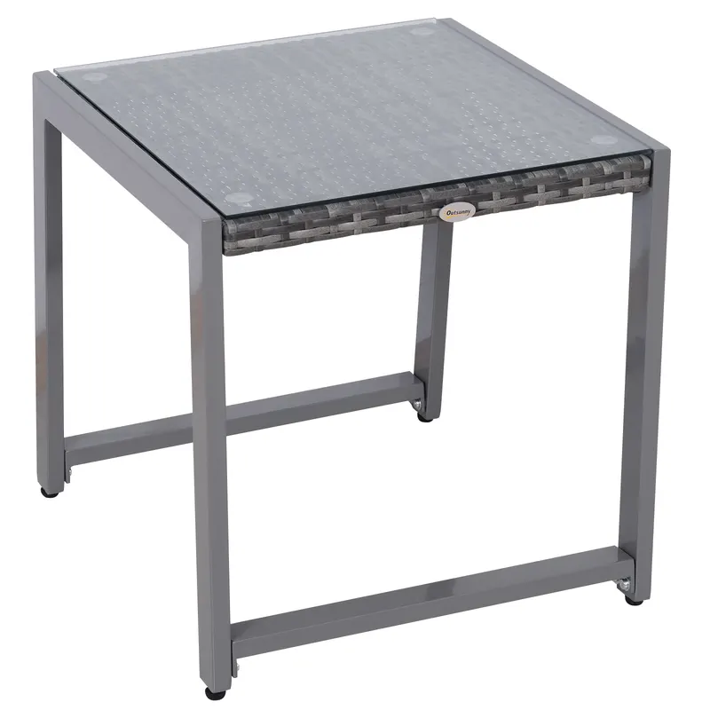 Outsunny Masă de Cafea pentru Terasă și Grădină cu Cadru din Aluminiu și Ratan PE, Suprafață Acoperită cu Sticlă, 50x50x50cm, Gri | Romania