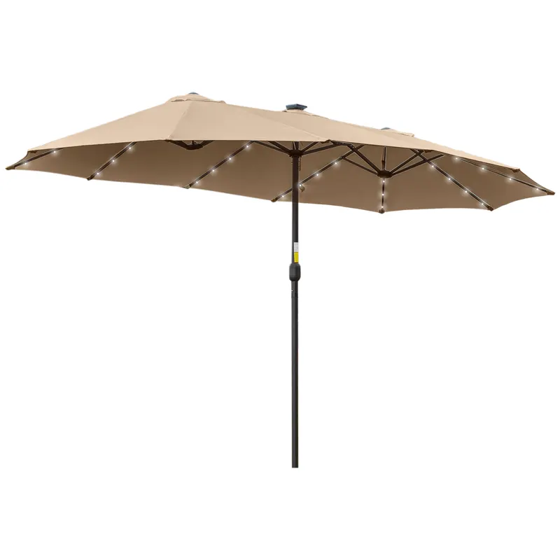 Outsunny Umbrelă Solară LED 4.5m, Sistem de Deschidere cu Manivelă, Rezistentă la Apă, Kaki | Romania