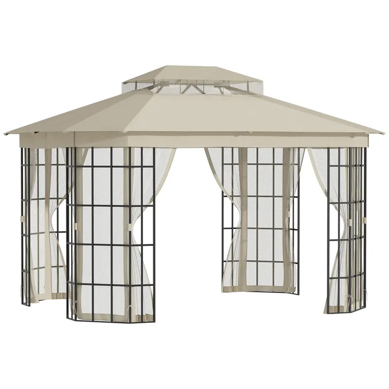 Outsunny Foisor de Gradina 3.65x3m,pavilion gradina cu Plasa, din Poliester si Metal, Negru, Bej | Romania