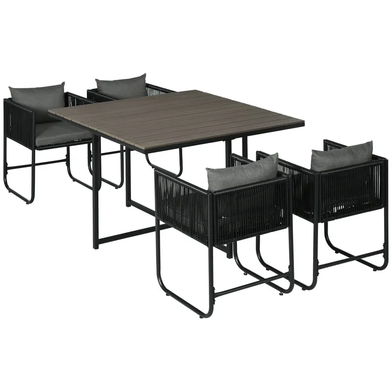 Outsunny Mobilier de Grădină 5 Piese din Ratan PE și Oțel, Set cu 4 Scaune Pliante cu Perne Confortabile, Negru și Gri | Romania