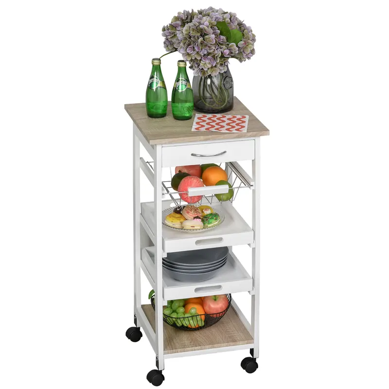 HOMCOM Carucior Bucatarie 4 Roti Sertar Cos Sarmă Tavite Detasabile Etajera Lemn Pin 37x37x82cm Alb | Romania