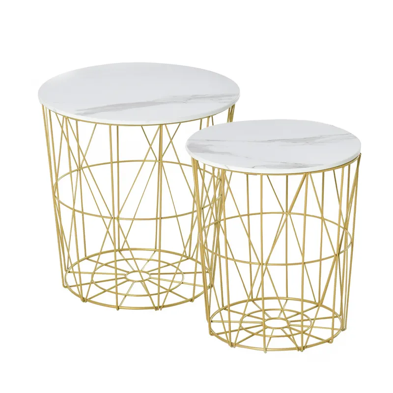 HOMCOM Set 2 Măsuțe de Sufragerie Stivuibile, Design Modern din Oțel și MDF, Φ44/Φ35x45.5cm, Alb Auriu | Romania