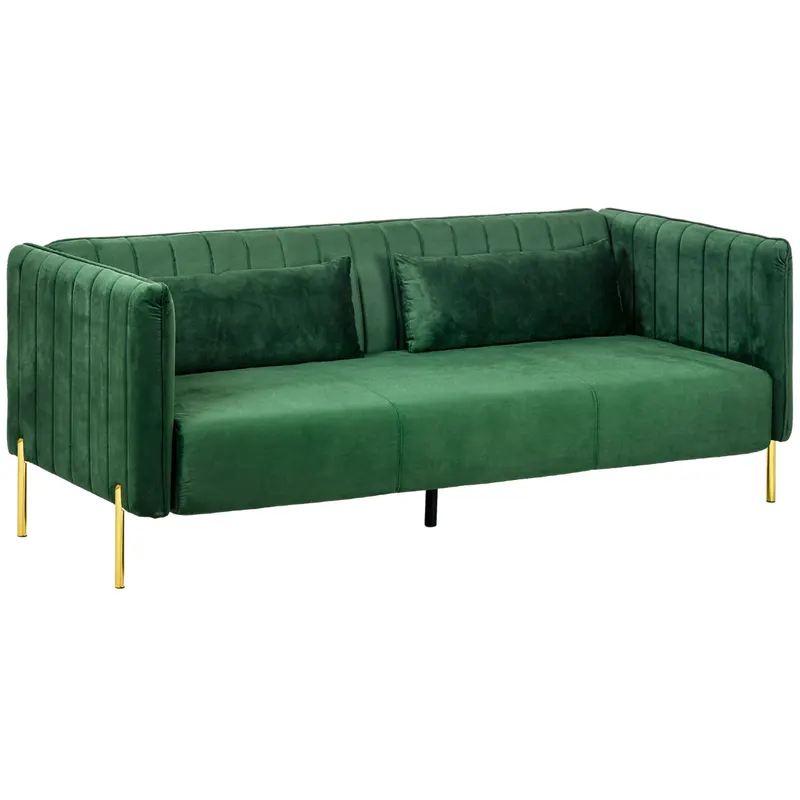 HOMCOM Canapea 3 Locuri Economie de Spatiu cu Perne Capitonate, Canapea Moderna cu Picioare din Otel si Tesatura din Catifea, 195x88x76 cm, Verde