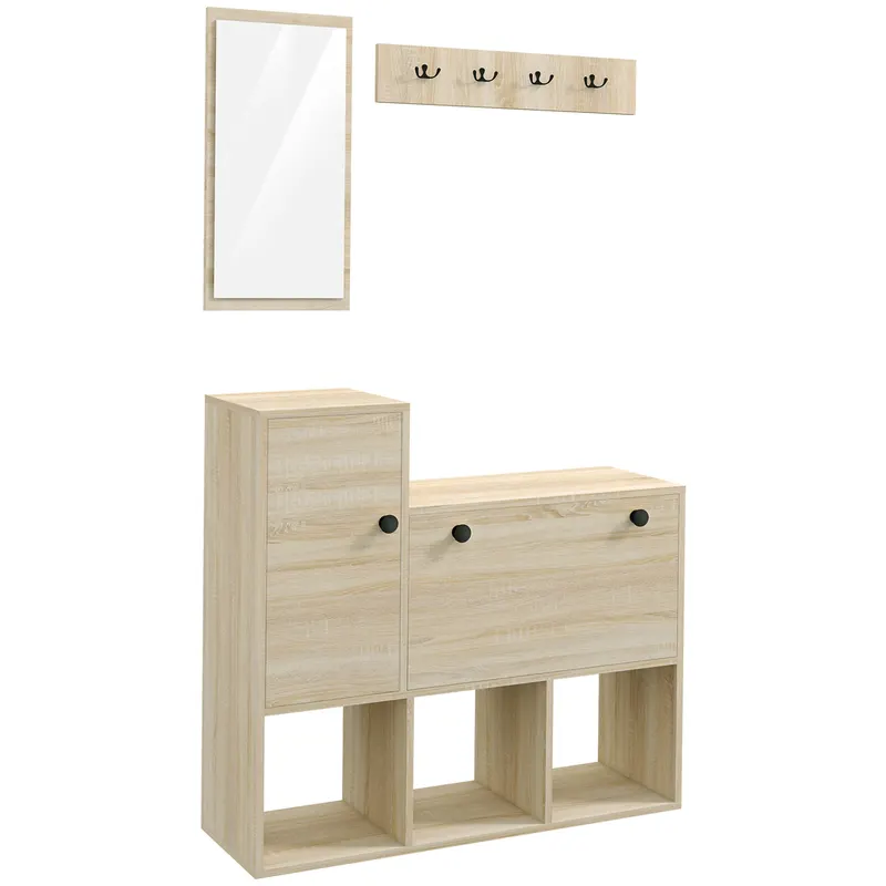 HOMCOM Mobilier pentru Hol cu Depozitare pentru 9 Perechi de Pantofi, Oglindă, Dulap, Rafturi și 4 Cârlige, 90x30x87 cm, Lemn Natural | Romania