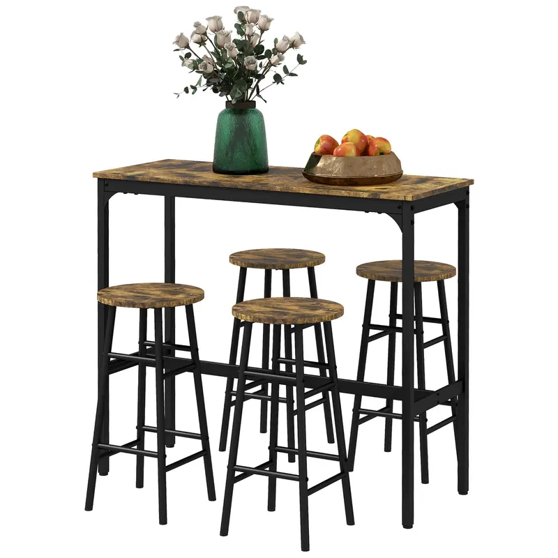 HOMCOM Set Masă și Scaune din MDF și Oțel cu 4 Scaune cu Suport pentru Picioare și Masă Dreptunghiulară, 105x40x90 cm, Maro | Romania
