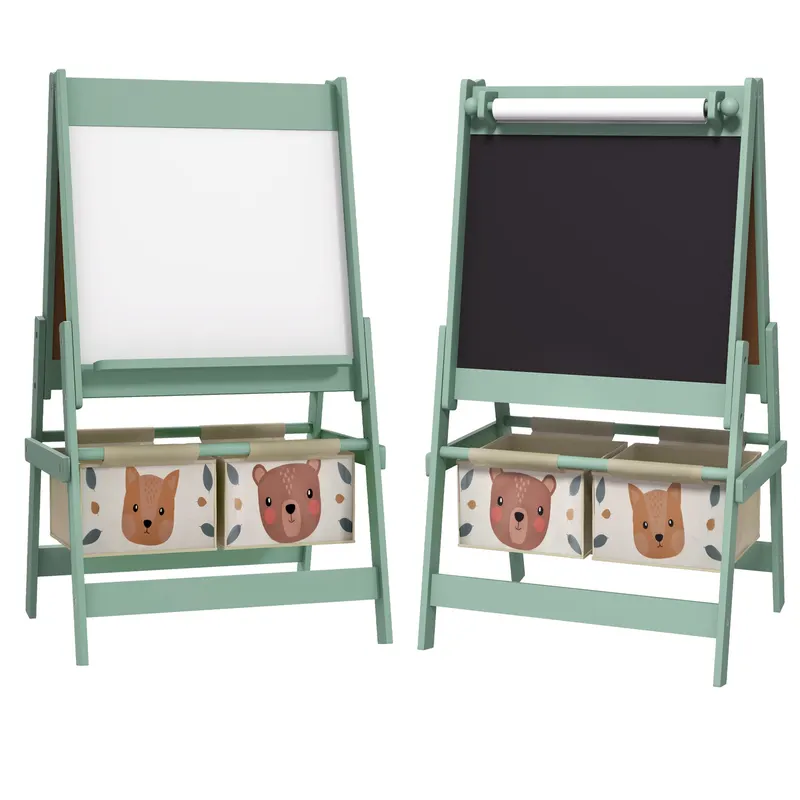 Tablă pentru copii 3 în 1 AIYAPLAY cu 2 containere, șevalet de artă din lemn pentru copii 3-8 ani, 54x46,5x93cm, de culoare verde | Romania
