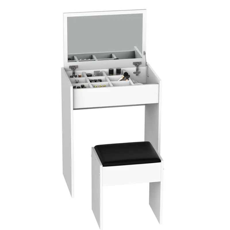 Masa de Machiaj cu Scaun si Container pentru depozitare si Oglinda Pliabila Alba 60,2x40,2x79cm HOMCOM | Romania