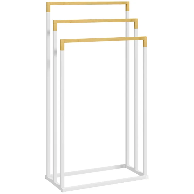 kleankin Suport pentru Prosoape din Bambus și Oțel cu Design Independent, 45x22.5x86 cm, Alb | Romania